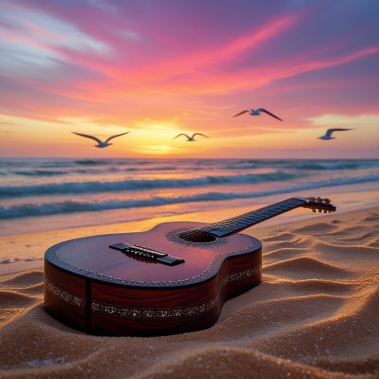 Illustration : guitare flamenca dans le sable au bord de la mer, au coucher du soleil