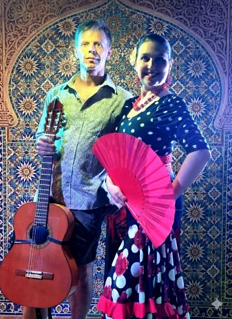 Erik Nova avec sa guitare et la danseuse de flamenco Ekaterina à l’éventail rouge, Losheim am See 2025